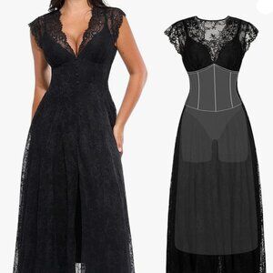 Popilush Boho Floral BLACK Lace Front Slit Maxi Dress|BUILT IN SHAPEWEAR-XXL-NWT